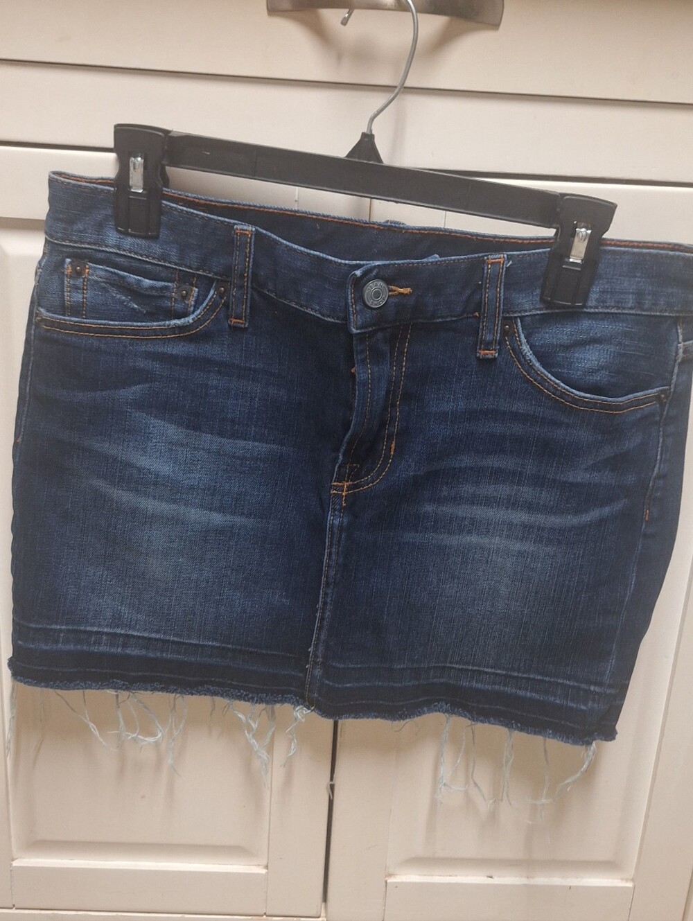 Denim Frayed Hem Mini Skirt - Dark Blue Size 28 Waist
